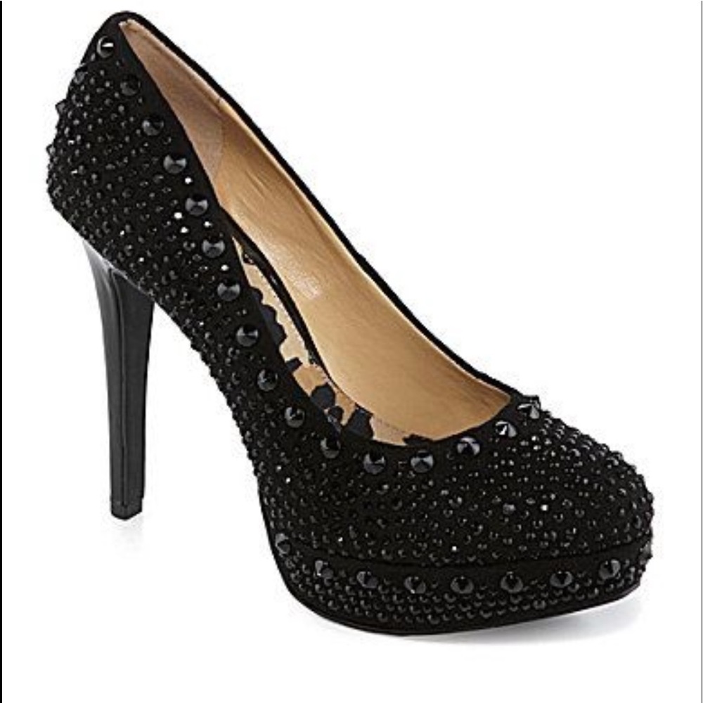 Gianni Bini Black Rhinestone Bling Studded Platform Heels Pumps 6.5